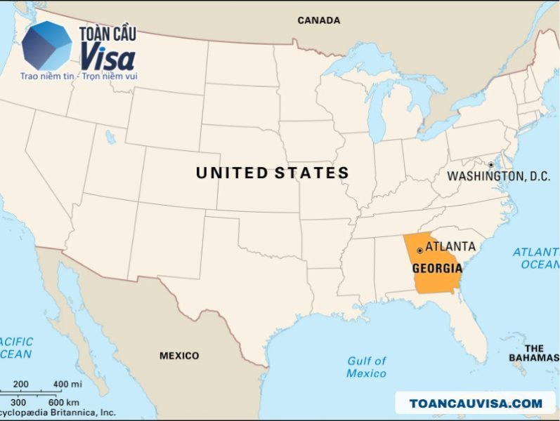Chênh lệch múi giờ ở Georgia so với Việt Nam: Hướng dẫn chi tiết Vị trí địa lý của bang Georgia trên bản đồ nước Mỹ, giáp các tiểu bang lân cận và Đại Tây Dương, làm rõ yếu tố múi giờ ở Georgia so với Việt Nam