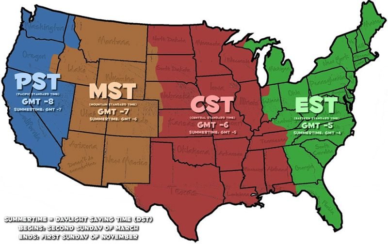 Bản đồ múi giờ các bang Hoa Kỳ thay đổi theo Daylight Saving Time, minh họa múi giờ California
