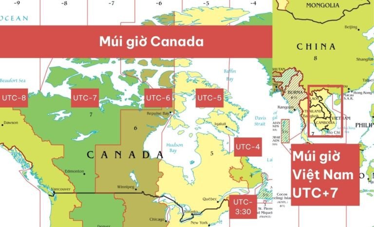 Bản đồ múi giờ toàn cầu hiển thị sự chênh lệch thời gian giữa Việt Nam và múi giờ Montreal Canada