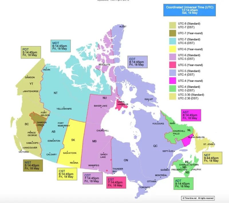 Các múi giờ chính ở Canada, giúp xác định Vancouver cách Việt Nam mấy tiếng