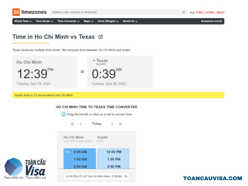 Cách kiểm tra giờ Texas thông qua các công cụ trực tuyến như 24TimeZones.