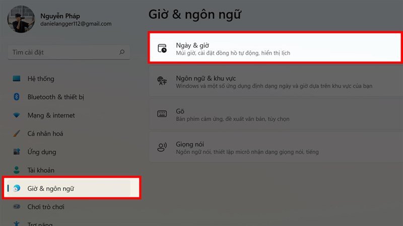 Cửa sổ cài đặt thời gian và ngôn ngữ trên Windows 11, hiển thị tùy chọn Ngày & giờ để người dùng chỉnh múi giờ.