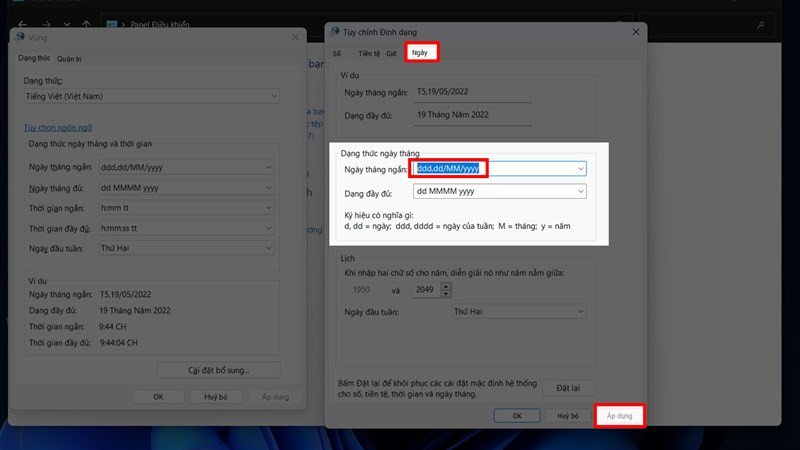 Cửa sổ "Tùy chỉnh định dạng" trên Windows 11, thẻ "Ngày" hiển thị tùy chọn để thêm "thứ" vào định dạng ngày ngắn, liên quan đến múi giờ.