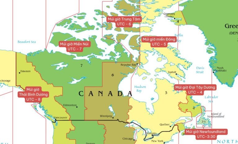 Đồng hồ hiển thị các múi giờ khác nhau, minh họa cách tính giờ từ Việt Nam sang múi giờ Montreal Canada