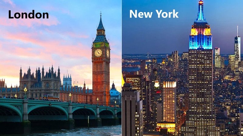 Đồng hồ hiển thị sự chênh lệch múi giờ giữa London và New York.