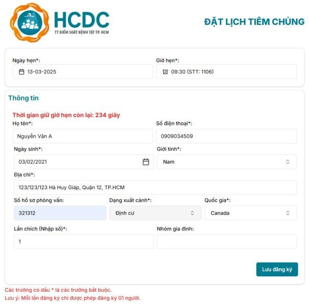 Giao diện mẫu đăng ký thông tin cá nhân cho quá trình chích ngừa định cư Mỹ