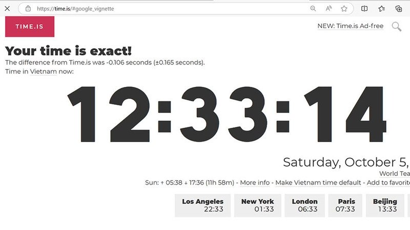 Giao diện website của Time.is hiển thị thời gian