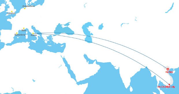 Hình ảnh Google Maps ước tính khoảng cách từ Việt Nam sang Ý bao nhiêu km