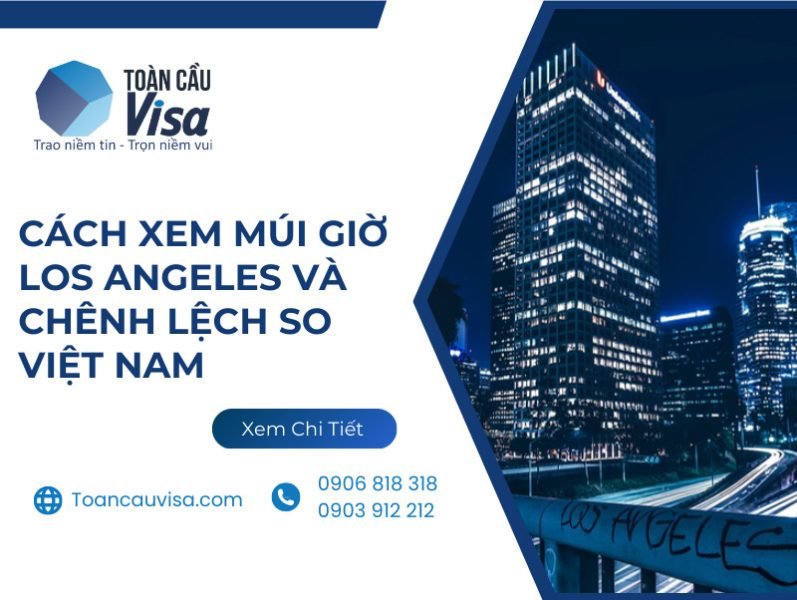 Hình ảnh hiển thị cách xem giờ và chênh lệch múi giờ giữa Việt Nam và Los Angeles trên bản đồ thế giới.