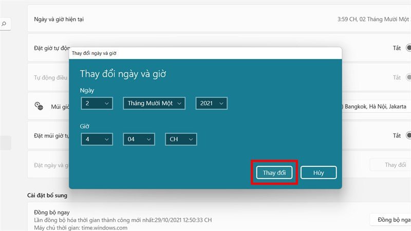 Hộp thoại "Thay đổi ngày và giờ" trên Windows 11, cho phép nhập thông tin mới để điều chỉnh múi giờ.