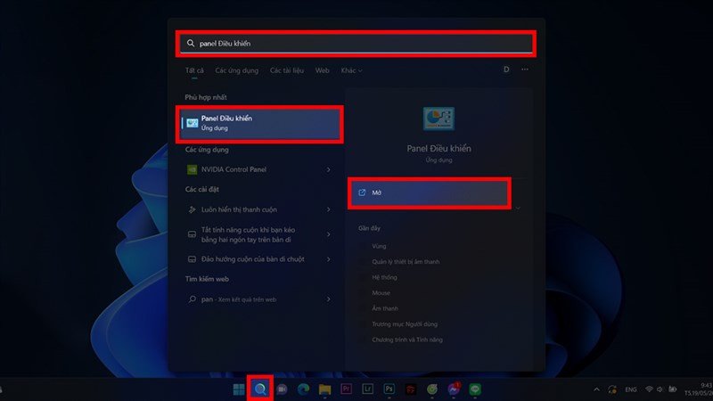 Kết quả tìm kiếm "Control Panel" trên Windows 11, bước đầu để tùy chỉnh hiển thị múi giờ và định dạng ngày.
