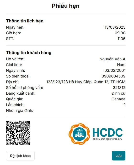Phiếu xác nhận lịch hẹn tiêm chủng và khám sức khỏe định cư Mỹ