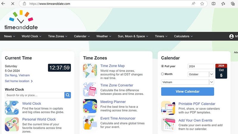 Website của Time and Date với thông tin thời gian đa dạng