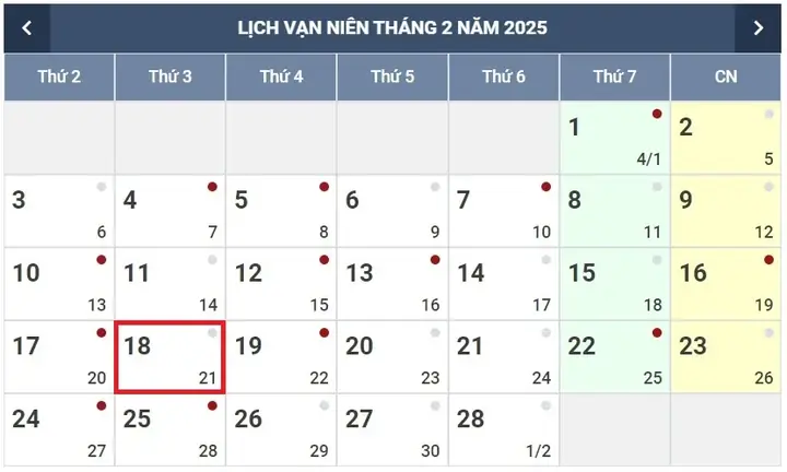 Ngày 18 tháng 2 là ngày gì? Các sự kiện nổi bật và lịch âm dương chi tiết Ngày 18 Tháng 2 Năm 2025 Là Ngày Mấy Âm?